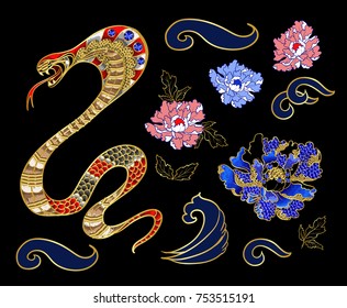 Set of elements  snake and peony patch embroidery with sequins.