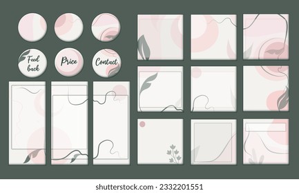 Set elements for social media, blog, cover, online marketing. Nature color organic design, green, soft pink 