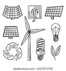 Conjunto de elementos para energia solar. Eletricidade ecológica. Moinho de vento, lâmpada de energia, reciclagem ecológica. Ilustração vetorial