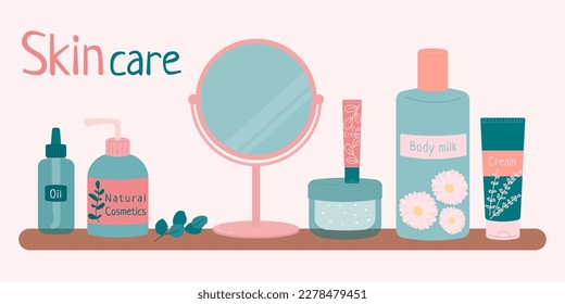 Un conjunto de elementos para el spa y el baño - cremas, espejos, aceite corporal, leche, crema ocular, jabón líquido. Embalaje para cosméticos naturales - frasco, botella, tubo. Ilustración vectorial plana de color.