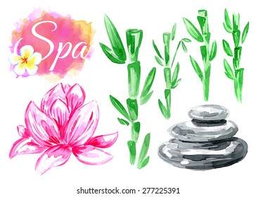 Set of elements spa. Natural stones. Lotus.  Zen pebbles. Vector watercolor background.