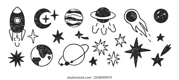 Set of elements of space with planets, stars and sun. Crayon, pencil or chalk texture. Hand drawn cartoon illustration for kids. Pastel vector illustration on a white background.