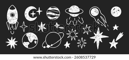 Set of elements of space with planets, stars and sun. Crayon, pencil or chalk texture. Hand drawn cartoon illustration for kids. White pastel vector illustration on a black background.