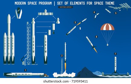 Set of elements for space subject. modern space program. rocket, launch vehicle, satellite, launch pad, payload. Flight stages in space. Space station. Landing of a rocket on the platform in the ocean