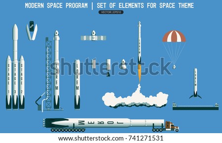 Set of elements for space subject. modern space program. rocket, launch vehicle, satellite, launch pad, payload. Flight stages in space. Landing of a rocket on the platform in the ocean.