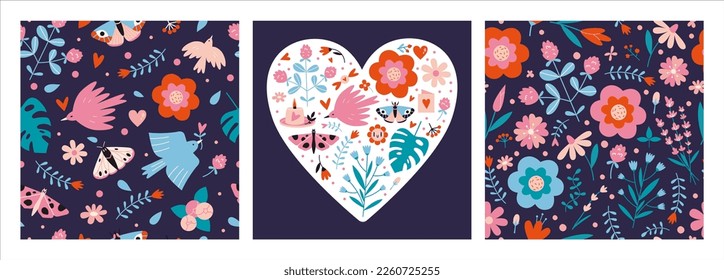 Set of elements in a spring, floral theme, including seamless patterns and a composition of various objects of nature, cartoon style. Trendy modern vector illustration, hand drawn, flat 