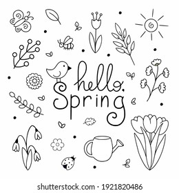 A set of elements for spring in the style of doodle. Coloring book for kids with flowers, insects and nature. Vector element for the design of a postcard. Decor for the holiday of March 8.