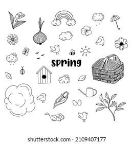 A set of elements for spring in the style of doodle. spring doodle design