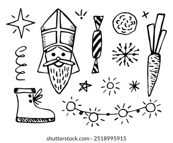 Set of elements for St. Nicholas Day, Sinterklaas. Carrot, shoe, garland of lanterns, candy and snowflakes. Simple vector ink sketch.