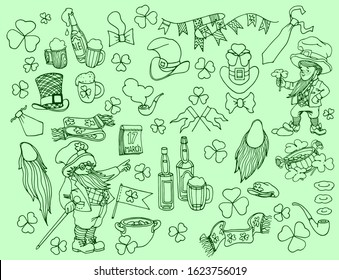 set of elements for the St. Patrick holiday, beard, hat, leprechaun, shamrock, pot, ale mug, vector illustration with green contour lines isolated on a light background in a doodle & hand drawn style