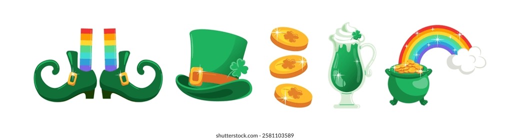 Set elements for St. Patrick s Day, vibrant vector illustration featuring buckled shoes and a leprechaun hat, shimmering coins, green beer, and a pot of gold at the end of a rainbow. four-leaf clovers