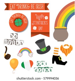 Set of elements St. Patrick. They contain different holiday symbols hat boots, rainbow.