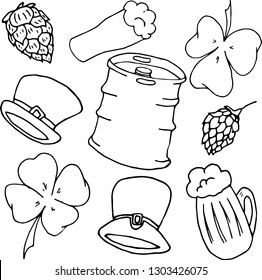 Set of elements for St. Patrick's day. Monochrome. Doodles
