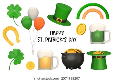 Set of elements for st patrick's day in 3d realistic style. Symbols of good luck - clover, golden coins, pot of money, quatrefoil, balloons. Vector illustration isolated on a white background