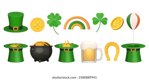 Set of elements for st patrick's day in 3d realistic style. Symbols of good luck - clover, leprechaun hat, golden coins, pot of money, Quatrefoil, horseshoe. Vector illustration.