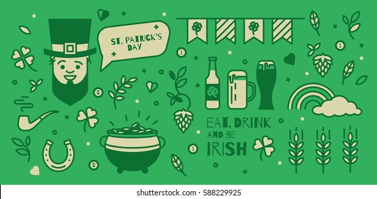 A set of elements for St. Patrick's Day. Simple design thin line. Icons can be used in advertising, poster, booklet, cover the ticket.