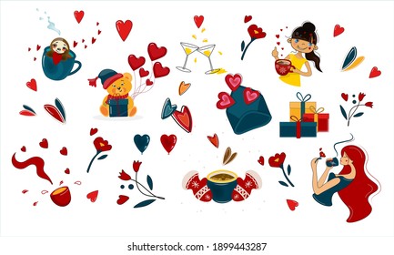 Set of elements for st. Valentine's day. Vector bright Isolated illustration on white background.