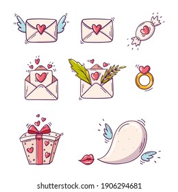 Set of elements for st. Valentines day in doodle style on white background