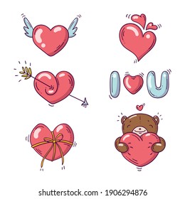 Set of elements for st. Valentines day in doodle style on white background