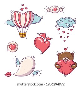 Set of elements for st. Valentines day in doodle style on white background