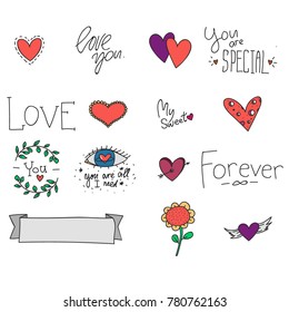 Set of elements for St. Valentine's Day. Patch design with doodle style hearts and lettering.  Handrawing hearts and phrases for cards.