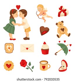 Set of elements for st. Valentine's day. Boy, girl, cupid, sweet box, chocolate, teddy bear, toast, love letter, cupcake, umbrella, cookie, rose, mug, ring in box. Isolated on white background.