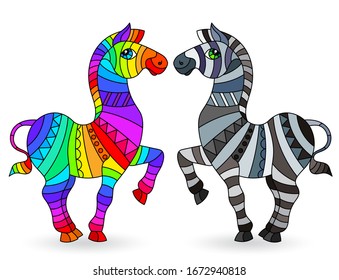 Set of elements in a stained glass style with abstract zebras, isolated on a white background