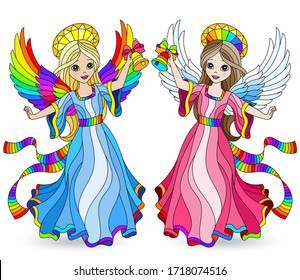 A set of elements in a stained glass style with cute cartoon angel girls, isolated on a white background