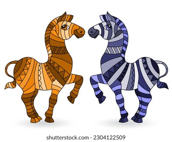 Set of elements in a stained glass style with abstract zebras,animals isolated on a white background, tone brown and blue