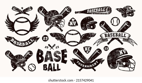 Set of elements for stickers on baseball and softball theme. Graphic design for t-shirt. Black print on white background