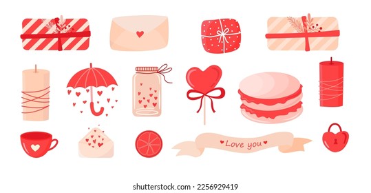 Set of elements, stickers for st. Valentines day in doodle style on white background. Gift, heart, balloon, key, candy, umbrella. Sticker cartoon style.
