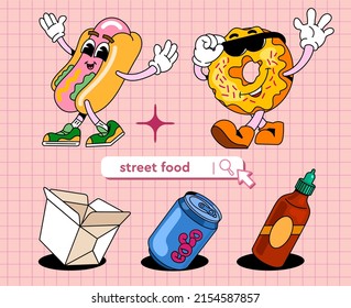 Set with elements of street food and drinks. Drawn vector personas of hot dog and donut in retro style on pink pattern background. Can be used to design menus or banners stickers and poster.