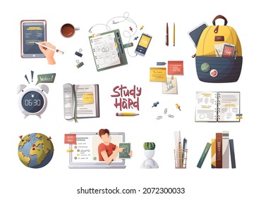 Set of elements for Studying, education, learning, back to school, student, stationery. Isolated vector illustration for poster, banner, website, advertising.