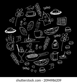 set of elements in the style of hand-drawn doodles for coffee or tea. Vector illustration with text on a black background. the concept of the menu pages of a restaurant or cafe with coffee or tea.