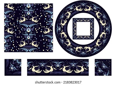 Set of elements style national cobalt porcelain painting Seamless pattern Border brush with corner items Dark Blue floral ornament with birds flowers Oriental motif rustic ceramic Vector illustration
