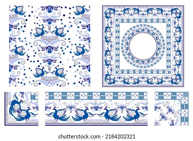 Set of elements in style national cobalt porcelain painting Seamless pattern Border brush with corner items Round square frame Blue floral ornament Oriental motif rustic ceramic Vector illustration