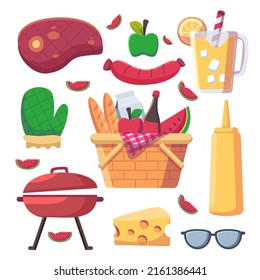 Conjunto de elementos para el picnic de verano barbacoa y aperitivos deliciosos para comer al aire libre en la naturaleza. Conjunto de elementos de dibujos animados vectoriales para recreación al aire libre