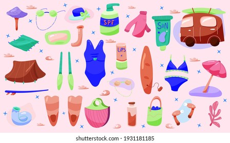 conjunto de elementos para las vacaciones de verano en la playa. Surf, natación, bronceado.Diseño vectorial dibujado a mano.