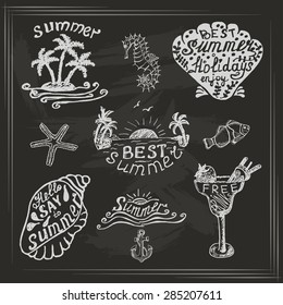 Set of elements for summer calligraphic design on dark background. Vector illustration for your design