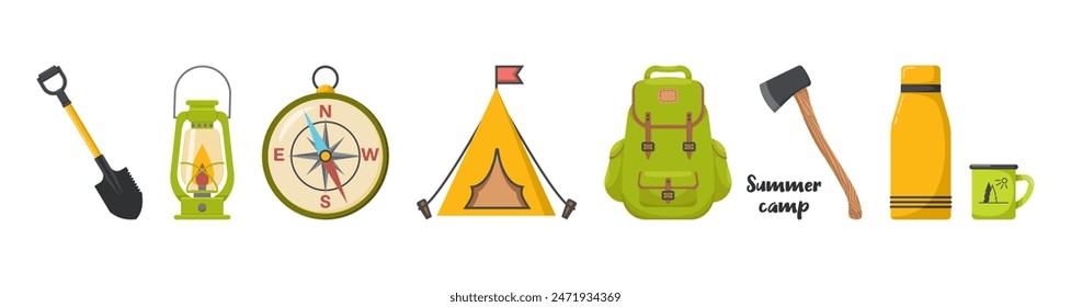 Set elements for Summer camp, travel, outdoor recreation, camping . Various tourist equipment: tent, backpack, axe, binoculars, kerosene lamp, flashlight