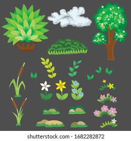 Set of elements for summer decoration. Grass, trees, flowers, clouds.