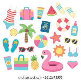 A set of elements for a summer holiday. Vector stickers.