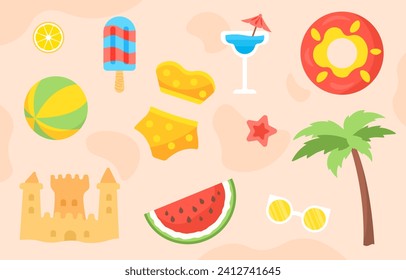 Conjunto de elementos para el verano. Palm cerca de trozos de sandía y castillo de arena. Cóctel tropical y exótico. Helado en palo de madera. Colección vectorial plana de dibujos animados aislada en fondo rosa