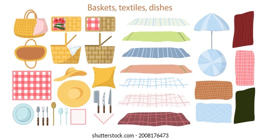Set of elements for summer picnic. Picnic in park in summer. Collection of icons for picnic: picnic basket, blankets, beach umbrella, straw hat, plates, forks, kitchen knives, spoons, dishes