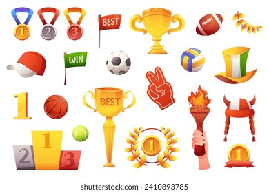 Set of elements for summer sports games and competitions. Gold cups, medals, awards, fan decorations in the form of funny hats and gloves. Vector illustration