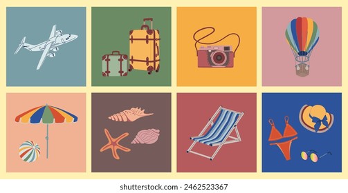 Set of elements for summer vacation or travel. Suitcase, camera, air balloon, airplane, swimsuit, seashell, umbrella. Hand drawn vector illustration isolated on colored background, flat cartoon style.
