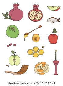 Set of elements of the symbol of Rosh Hashanah. Shofar, apples, honey and other elements. Doodle style illustrations.