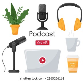 Set of elements symbolizing recording of a podcast, radio show, online show. Microphone on stand, coffee cup, headphones, potted plant. Play button. Color cartoon vector illustration isolated on white