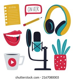 A set of elements symbolizing recording of a podcast, radio show, online show. Microphone with condenser, coffee cup, headphones, potted plant. Color flat vector illustrations isolated on white