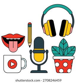 Conjunto de Elementos que simbolizan la grabación del programa de radio podcast Ilustración vectorial aislada sobre fondo blanco